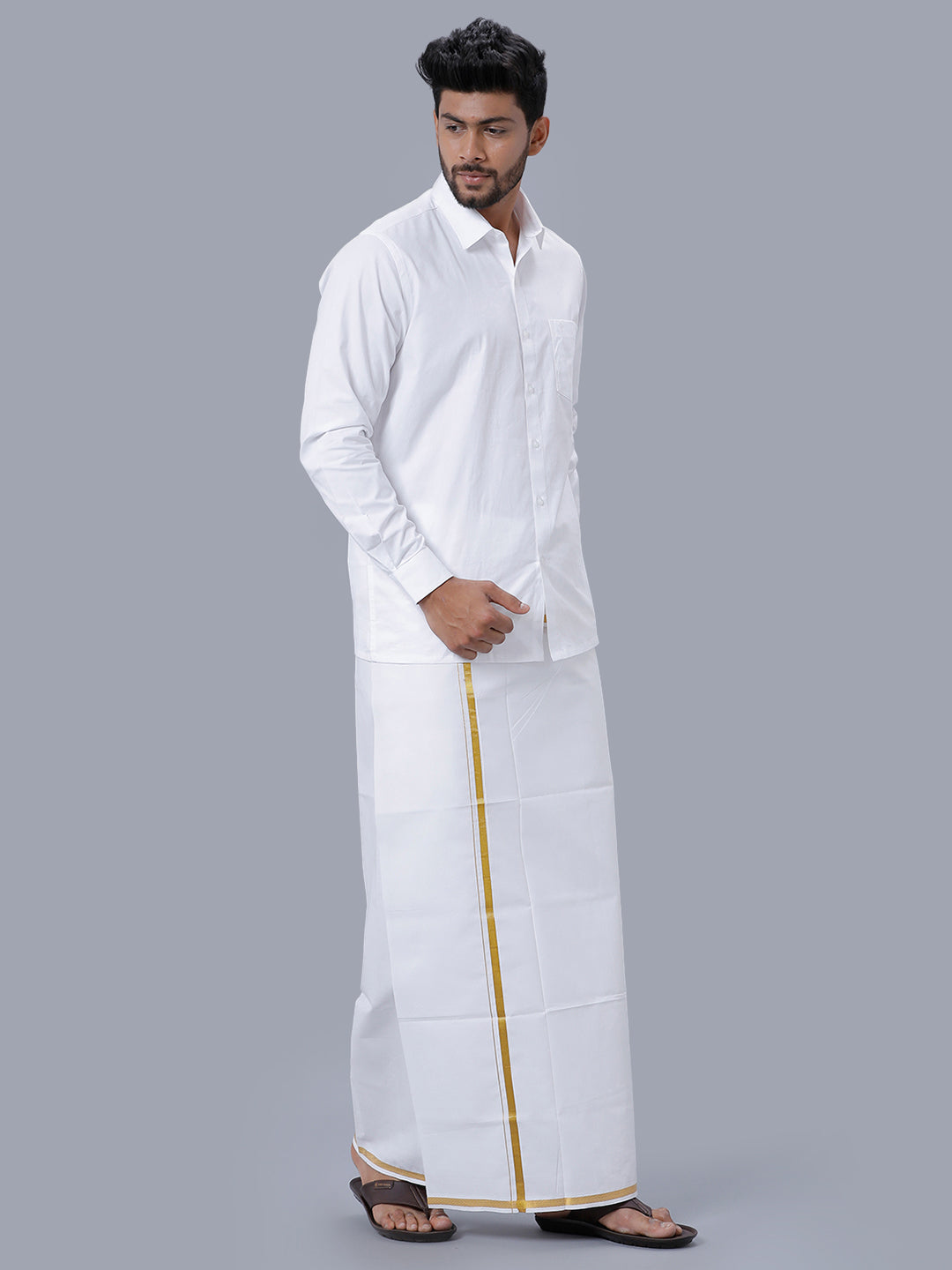 Mens Wrinkle Free White Full Sleeves Shirt with 1/2'' Gold Jari Single Dhoti Combo