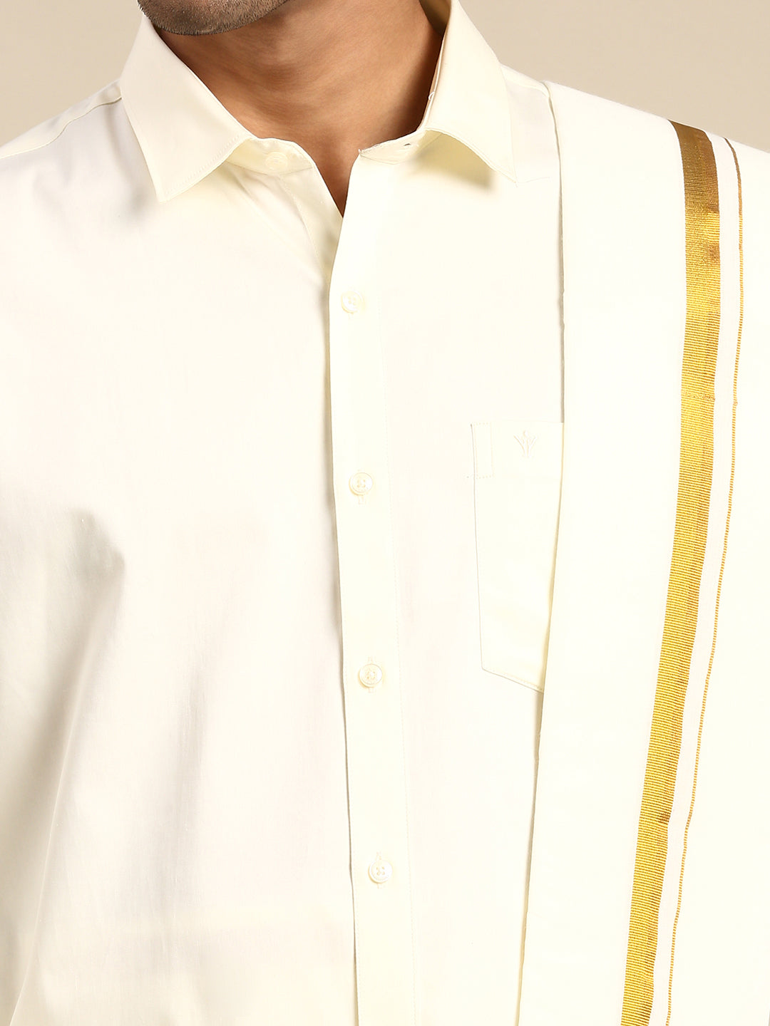 Mens Cream Full Sleeves Shirt 1" Gold Jari Adjustable Double Dhoti+Towel Combo-Zoom view