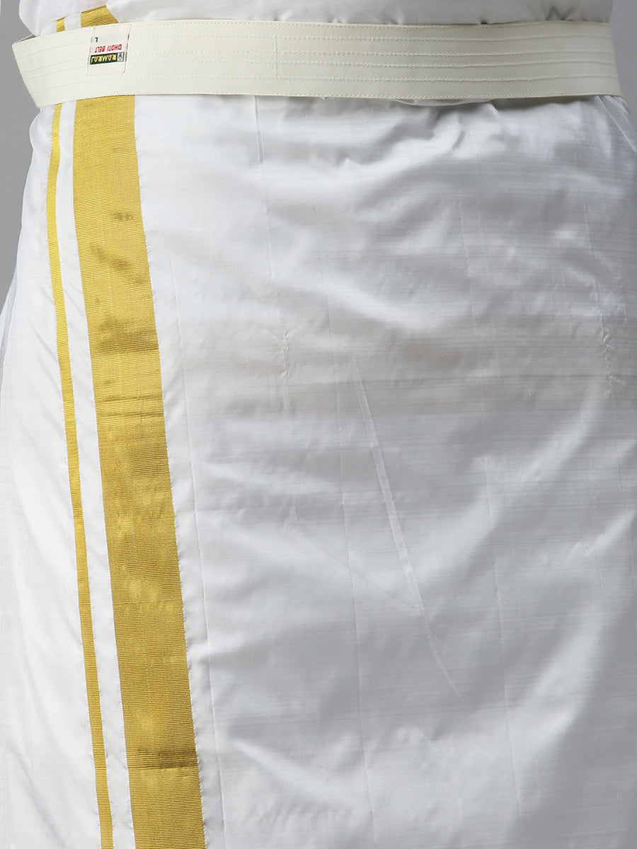 Mens Pure Silk White Double Dhoti with 2" Gold Jari Upasana-Belt view