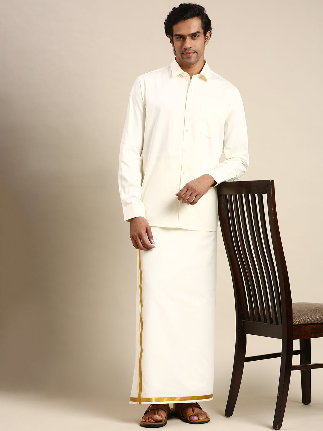 Mens Cotton Cream Shirt Full Sleeves Mangalyam-Full view