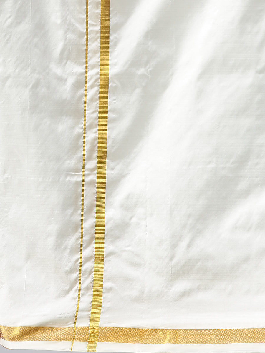 Mens Pure Silk Cream Wedding Set 1/2" Dhoti+Towel+Shirt-Bottom view