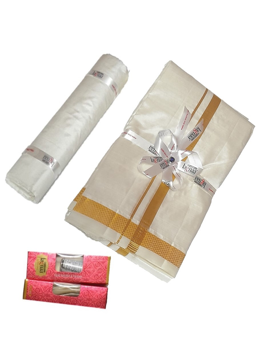 Mens Pure Silk Cream 3/4" Dhoti & Shirt Bit Purna Mithra-View two