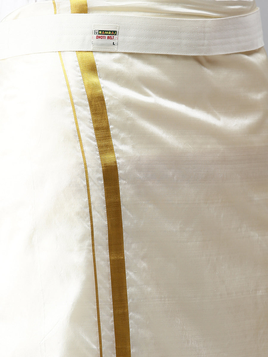 Mens Pure Silk Cream Wedding Set 3/4" Dhoti+Towel+Shirt-Belt view