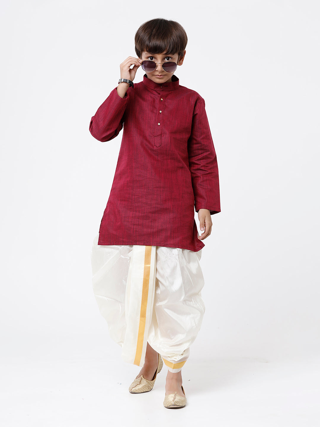 Boys Kurta & Panchakacham Set Maroon-full view\