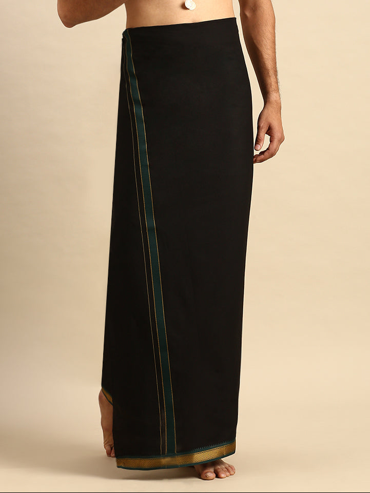 Men 100% Cotton Single Layer Black Dhoti with Mayilkhan Border Brindhavan