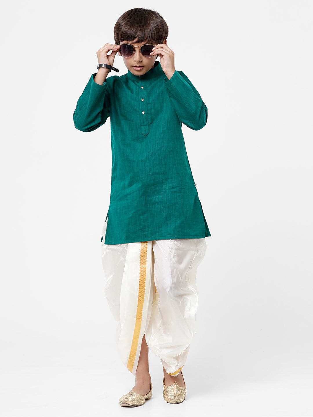 Boys Kurta & Panchakacham Set Green-Front view