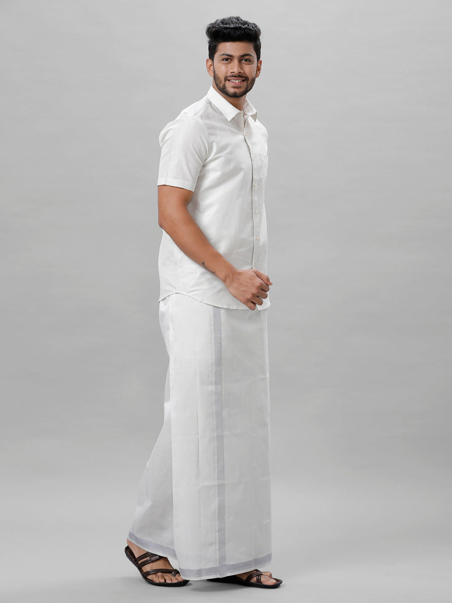 Mens Tissue Half Sleeve Shirt with 1" Jari Dhoti Set Sankalpam Silver-Side alternative view