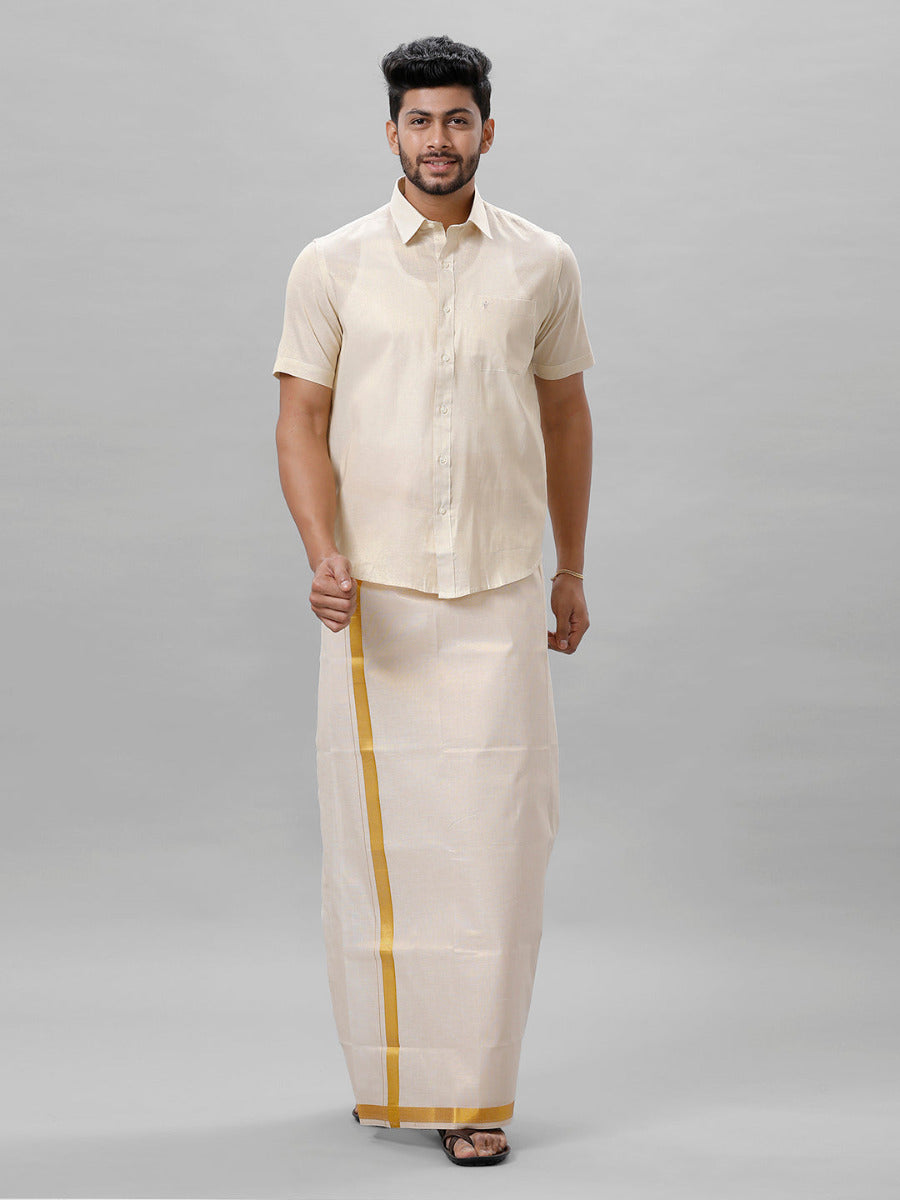 Mens Tissue Half Sleeve Shirt with 1" Jari Dhoti Set Sankalpam Gold