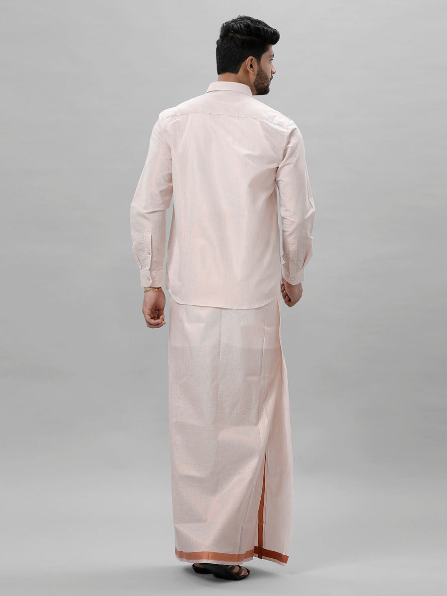 Mens Tissue Full Sleeve Shirt with 1" Jari Dhoti Set Sankalpam Copper-Back view