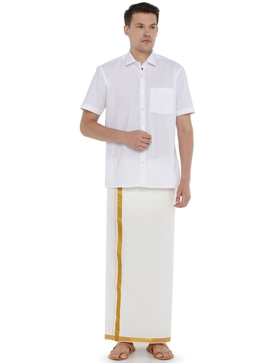 Mens Single Dhoti White with Gold Jari 3/4" Aruthra-Front view