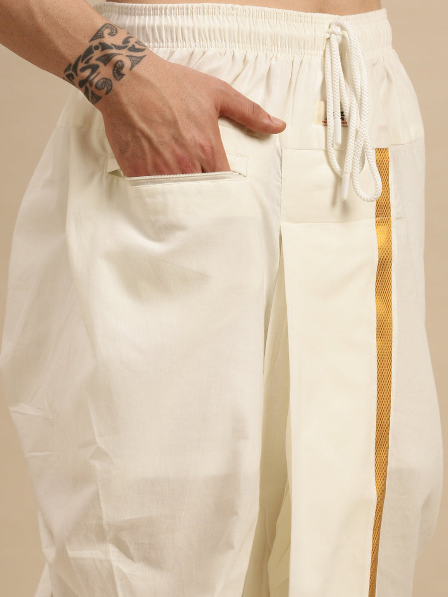 Premium Wedding Cream Readymade Panchakacham,Kurta & Towel Set RP Jari-Pocket view