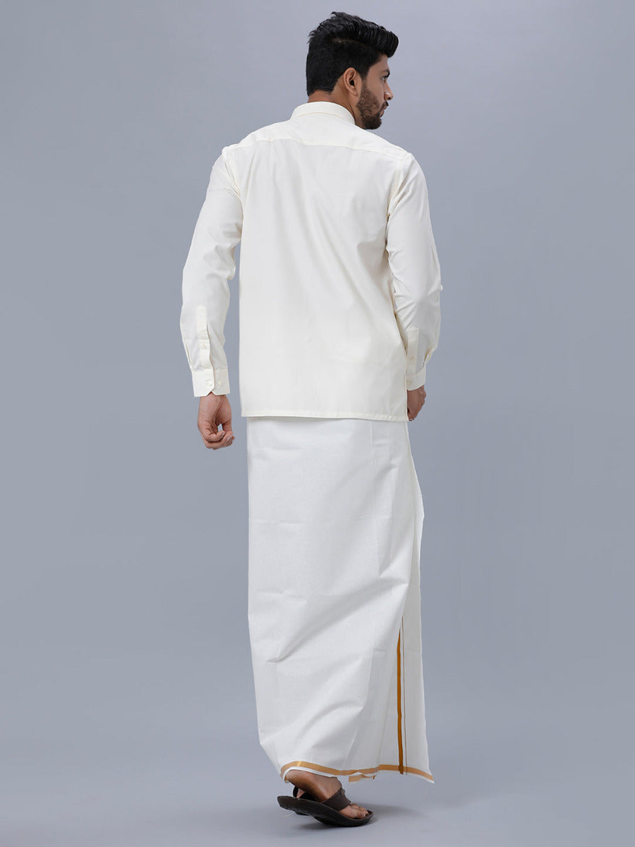 Mens Cream Cotton Full Sleeves Shirt with Single Dhoti Combo-Back view