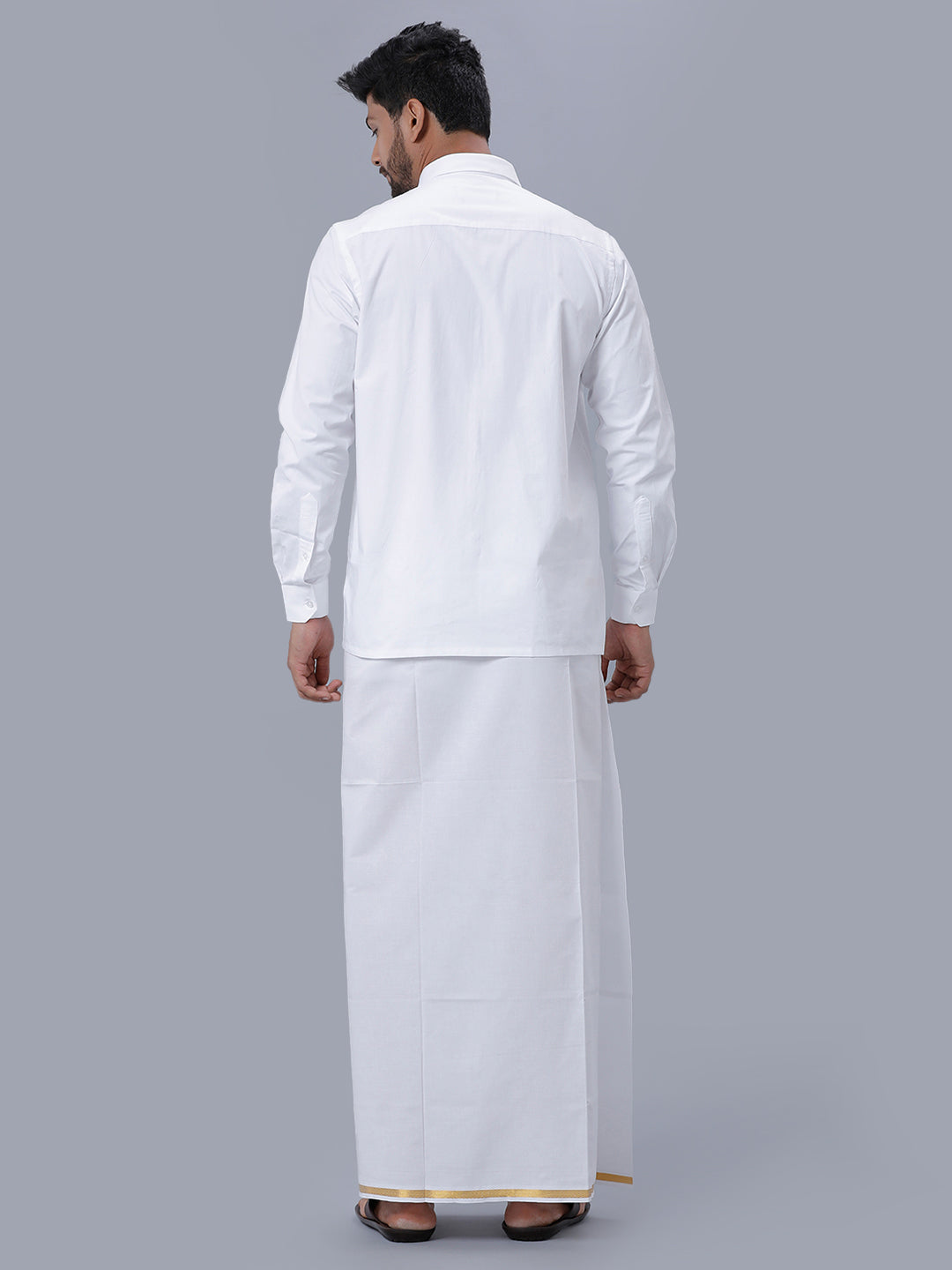 Mens Pure Cotton White Full Sleeves Shirt with 1/2'' Gold Jari Single Dhoti Combo-Back view