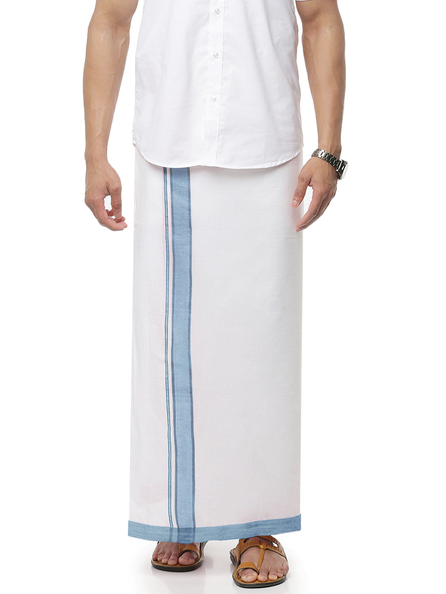 Mens Double Dhoti White with Fancy Border Rivan Blue