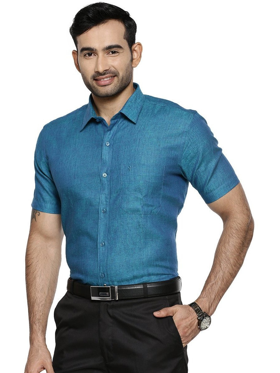 Mens Pure Linen Half Sleeves Shirt Blue-Side view