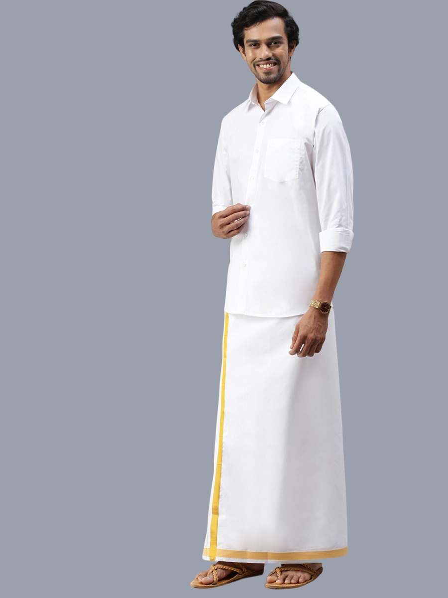 Mens Pure Cotton White Full Sleeves Shirt with 3/4'' Gold Jari Single Dhoti Combo