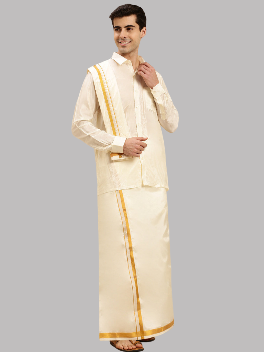 Mens Cream Art Silk Full Sleeves Shirt, Readymade Double Dhoti & Towel Combo