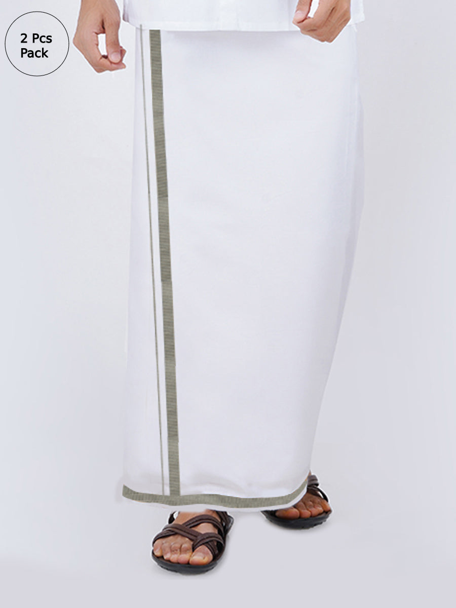 Mens White Dhoti with Silver Jari Border 3/4" Silver Storm (2PCs Pack)