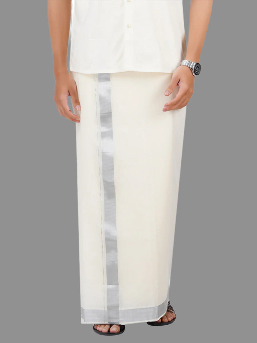 Mens Double Dhoti Cream with Silver Jari Border Silver Cloud Plain