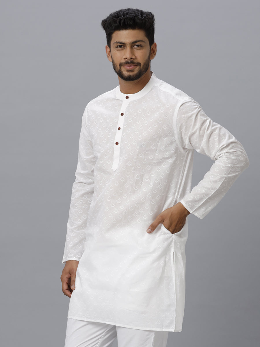 Mens Cotton White Full Sleeves Self Design Medium Length Kurta RD12-Side view