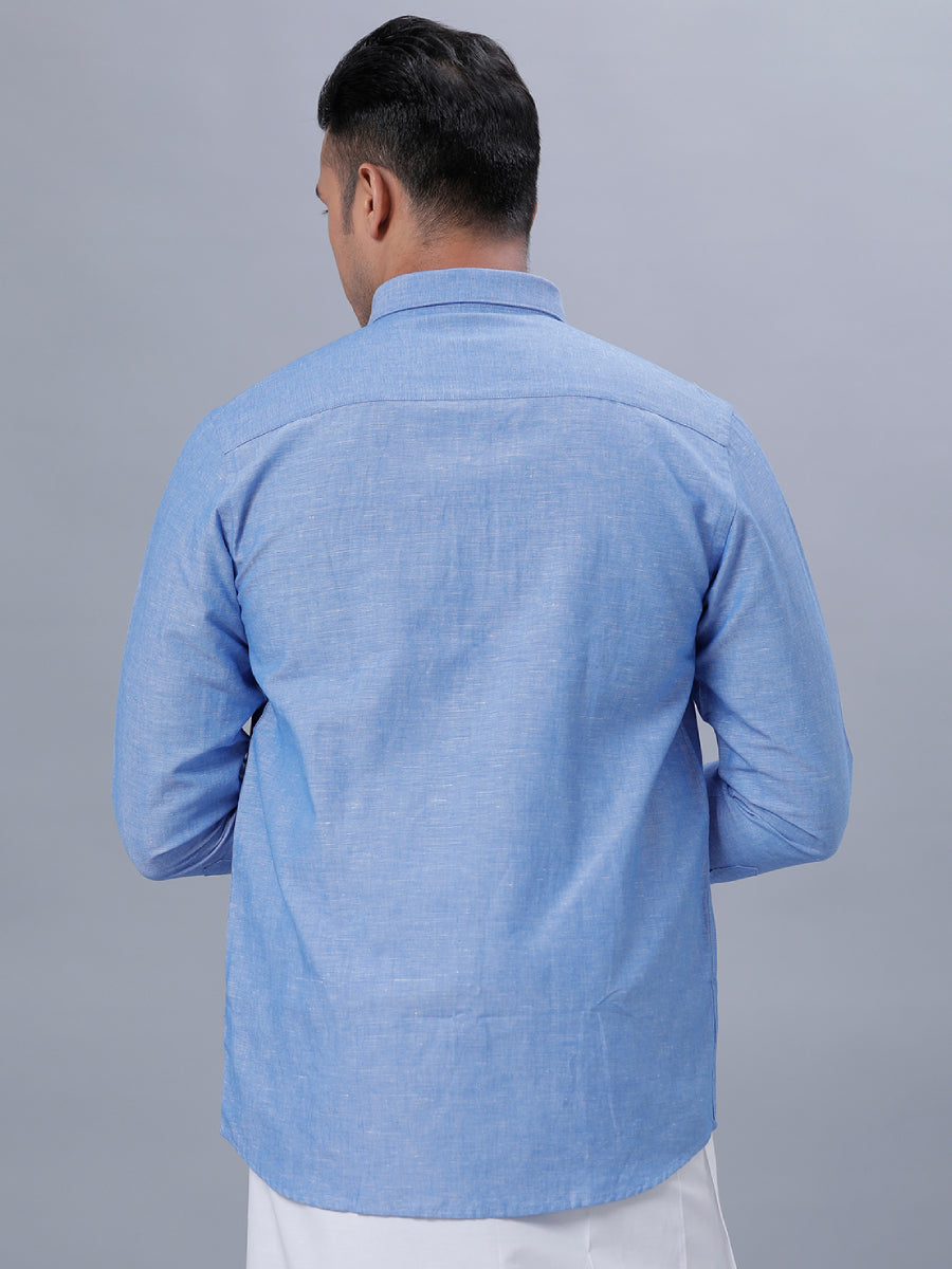 Mens Linen Cotton Formal Full Sleeves Blue Shirt LF4-Back view