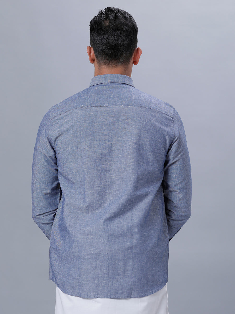 Mens Linen Cotton Formal Shirt Full Sleeves Grey Blue LF6-Back view