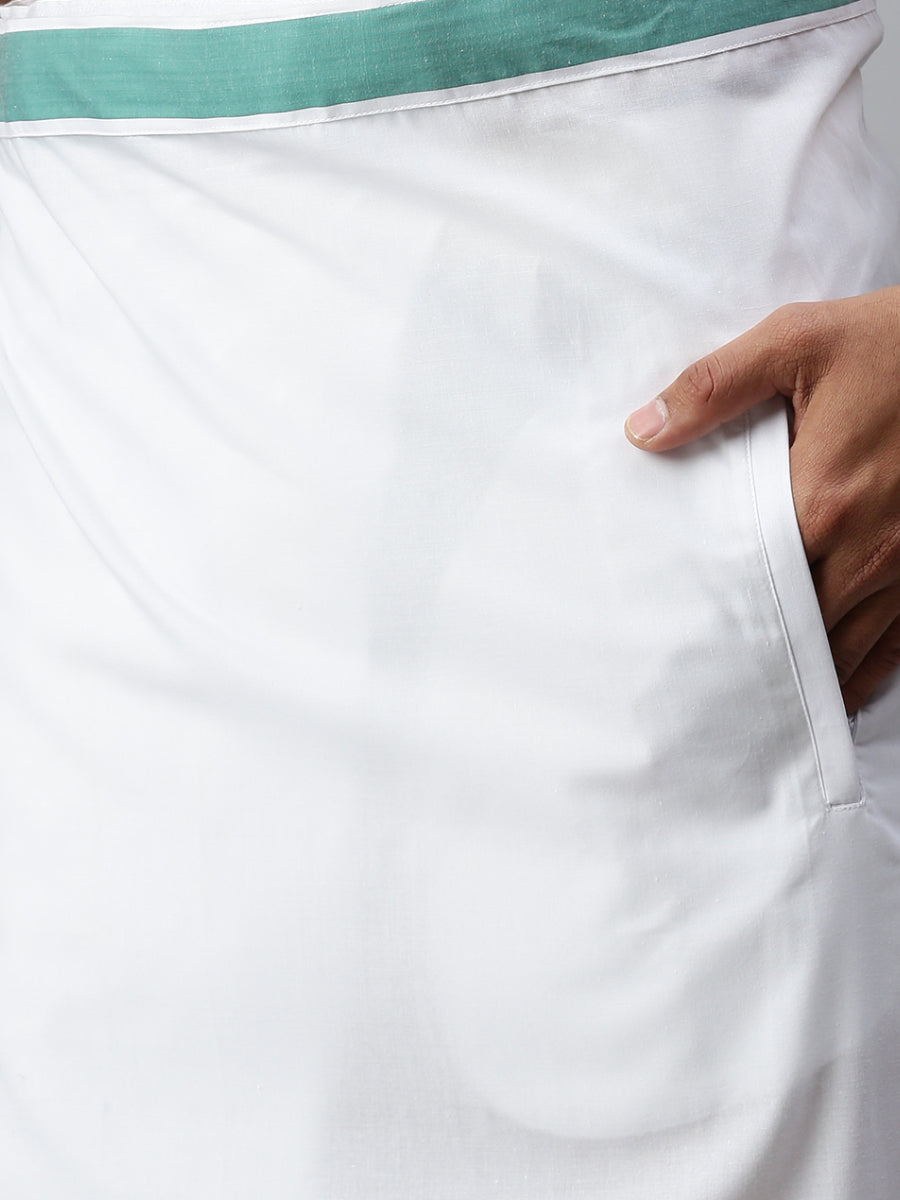 Mens Matching Border Adjustable Dhoti & Half Sleeves Shirt Set Green CC7-Pocket view