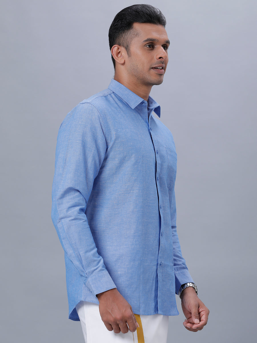 Mens Linen Cotton Formal Full Sleeves Blue Shirt LF4-Side view