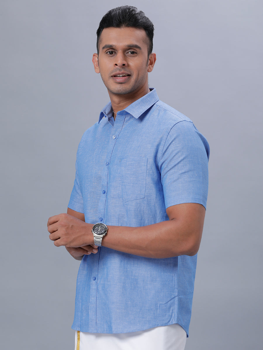 Mens Linen Cotton Formal Shirt Half Sleeves Blue LF4-Side view