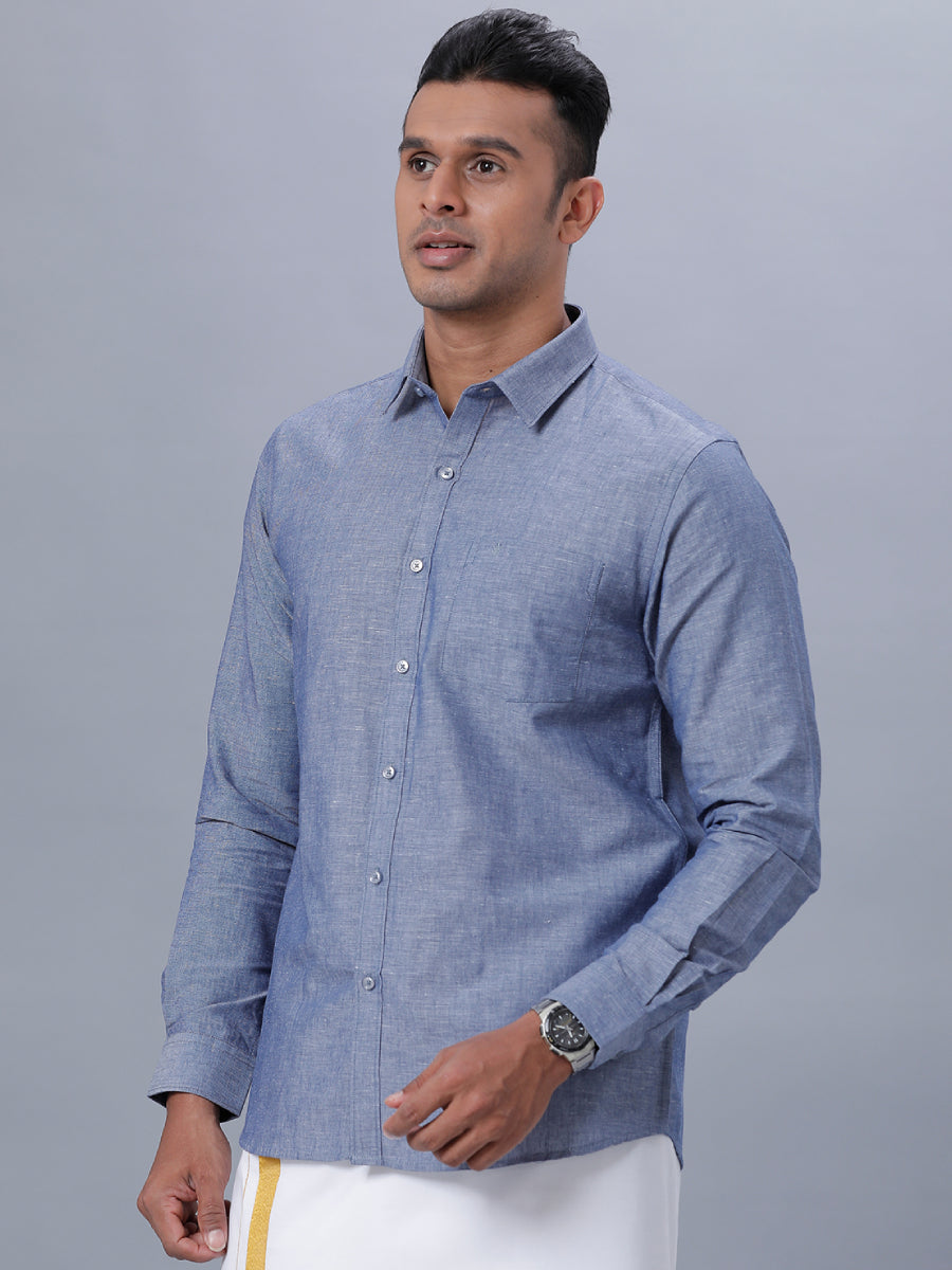 Mens Linen Cotton Formal Shirt Full Sleeves Grey Blue LF6-Side view