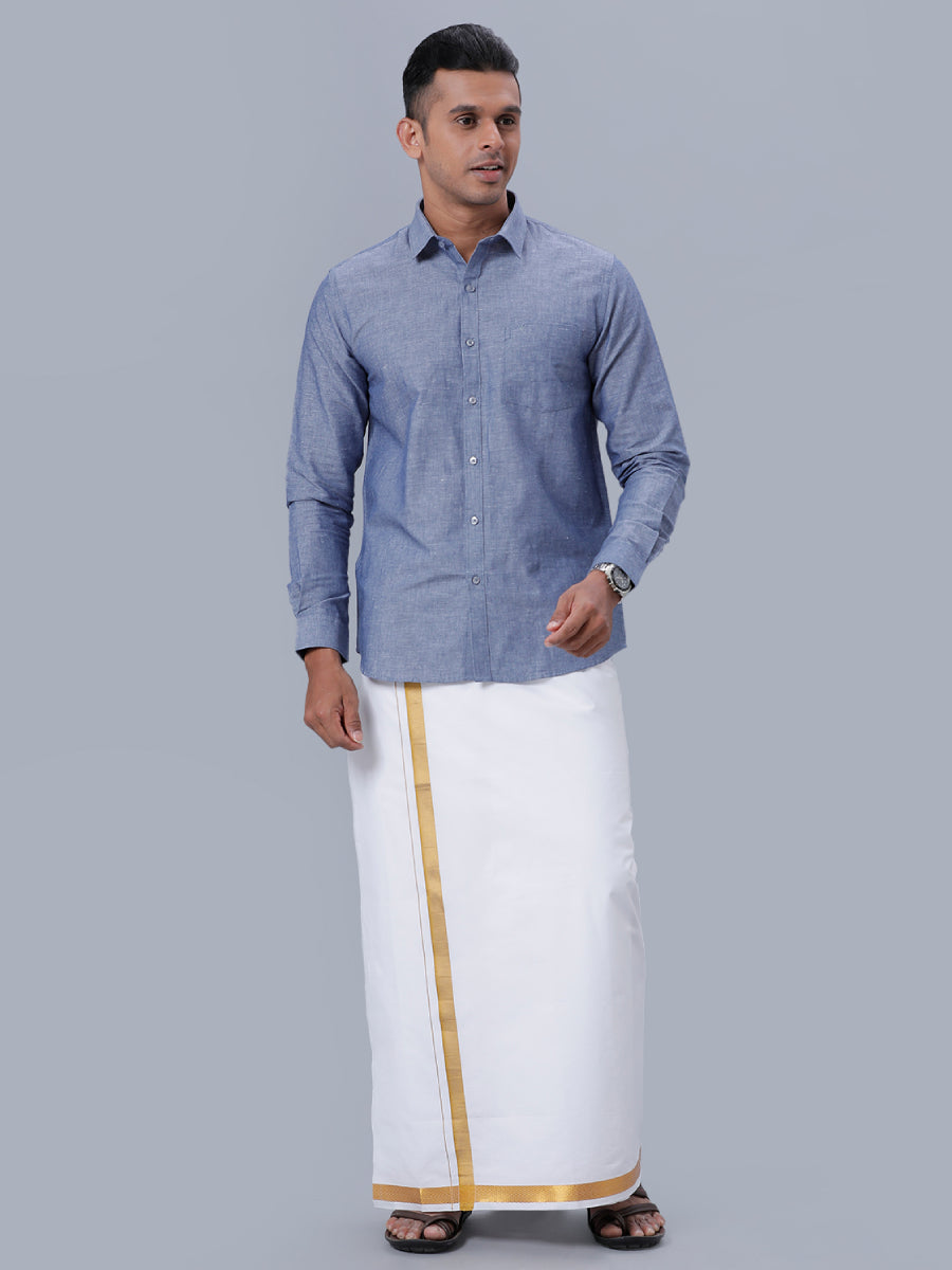 Mens Linen Cotton Formal Shirt Full Sleeves Grey Blue LF6-Full view