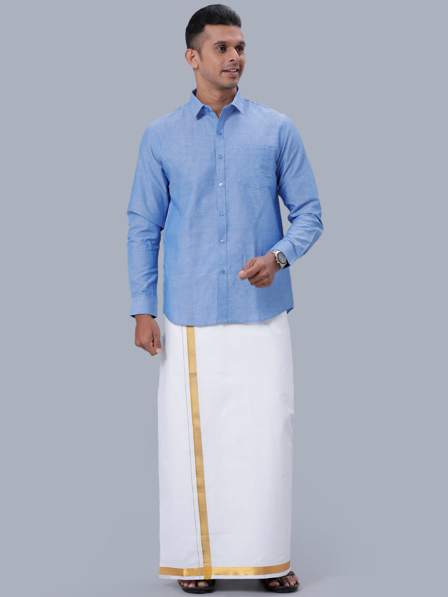 Mens Linen Cotton Formal Full Sleeves Blue Shirt LF4-Full view