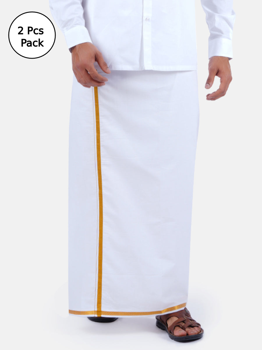Mens White Dhoti with Gold Jari Border 1/2" Paras(2 PCs Pack)