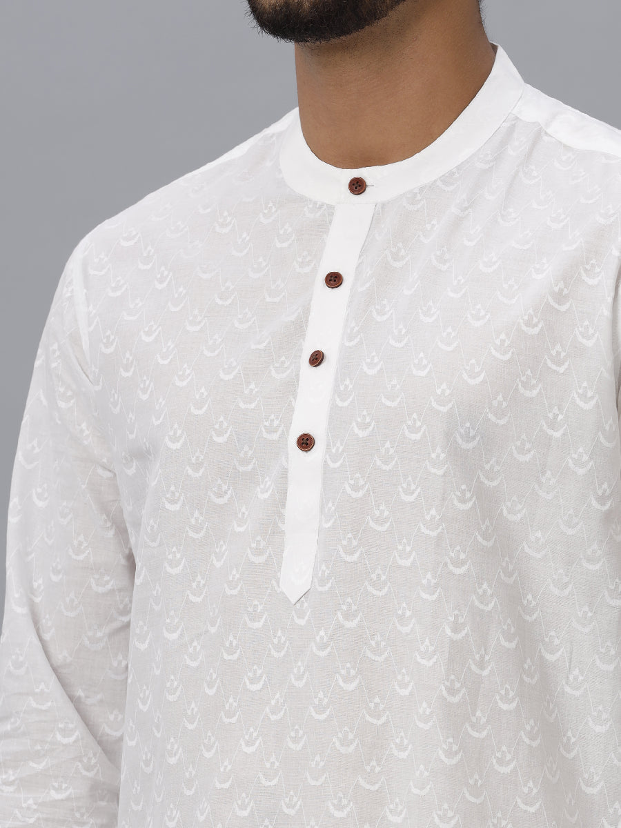 Mens Cotton White Full Sleeves Self Design Medium Length Kurta RD12-Zoom view