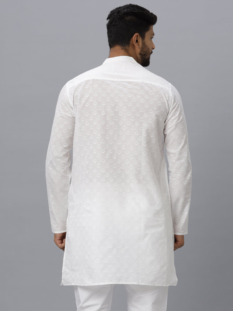 Mens Cotton White Full Sleeves Self Design Medium Length Kurta RD12-Back view