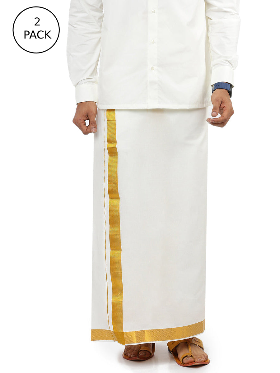 Mens Single Dhoti Cream With Gold Jari 1 1/2" Career (2 PCs Combo)