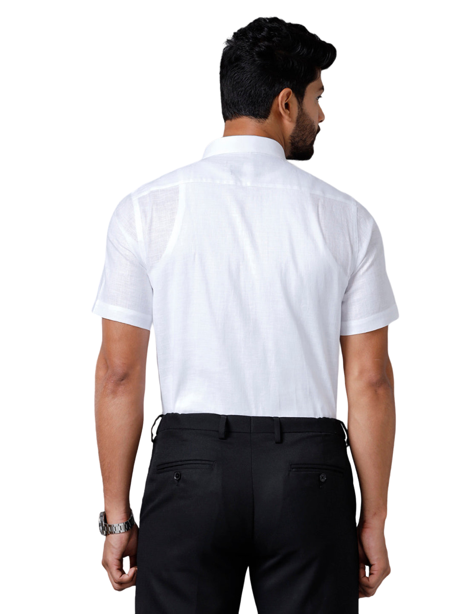 Mens Linen Cotton Half Sleeves White Shirt 7525-Back view