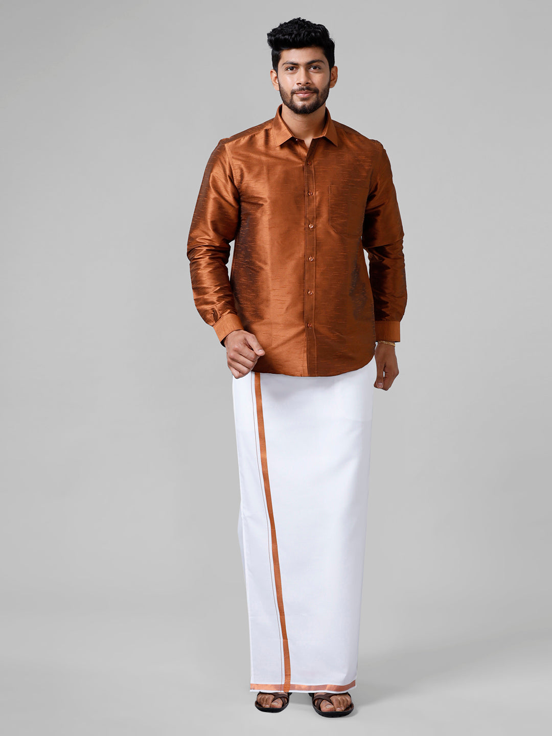 Mens Copper Full Sleeves Shirt with Jari Dhoti Set Glory