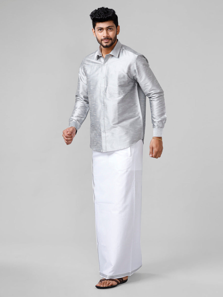 Mens Silver Full Sleeves Shirt with Jari Dhoti Set Glory-Side view