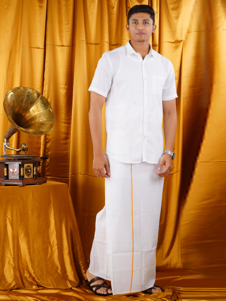 Mens Premium White Dhoti & Half Sleeve Shirt Right Man Set-Side view