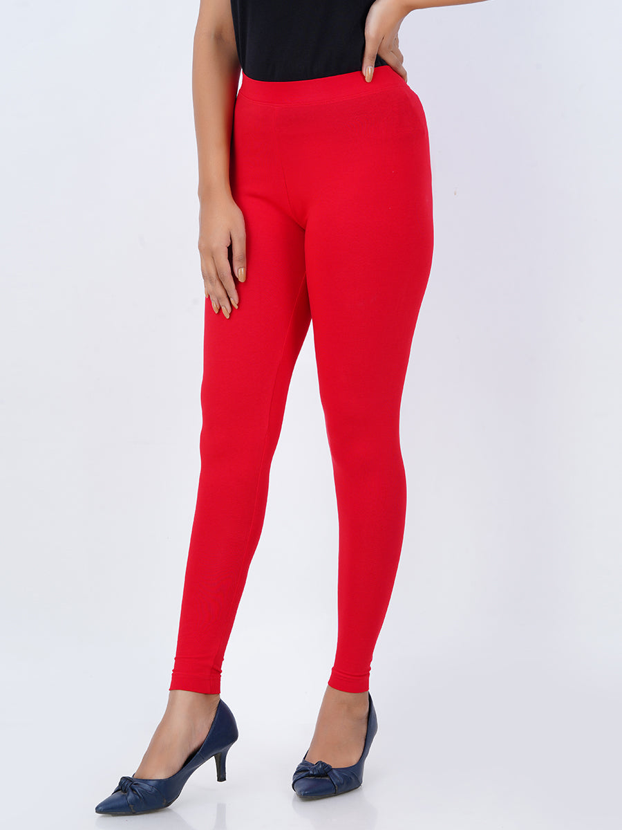 Ankle Fit Mixed Cotton with Spandex Stretchable Leggings Red-Side view