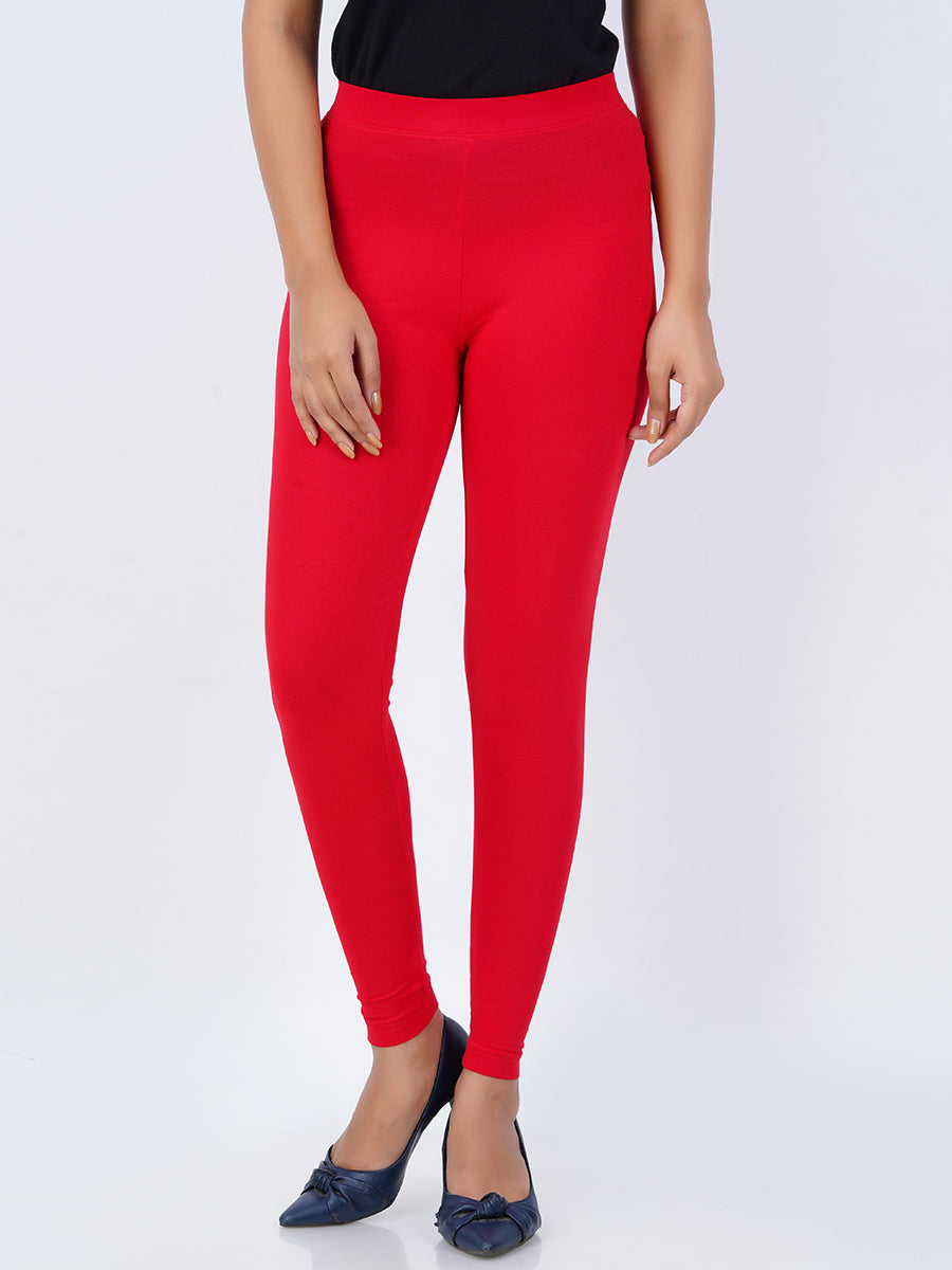 Ankle Fit Mixed Cotton with Spandex Stretchable Leggings Red-Front view