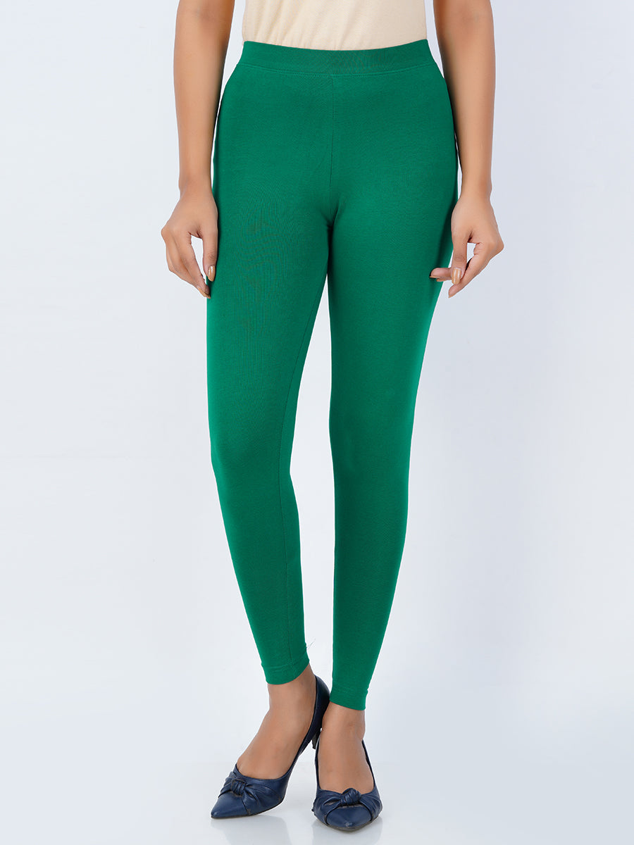 Ankle Fit Mixed Cotton with Spandex Stretchable Leggings Green