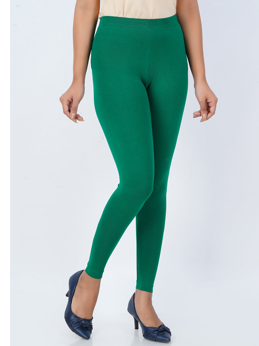 Ankle Fit Mixed Cotton with Spandex Stretchable Leggings Green-Side view