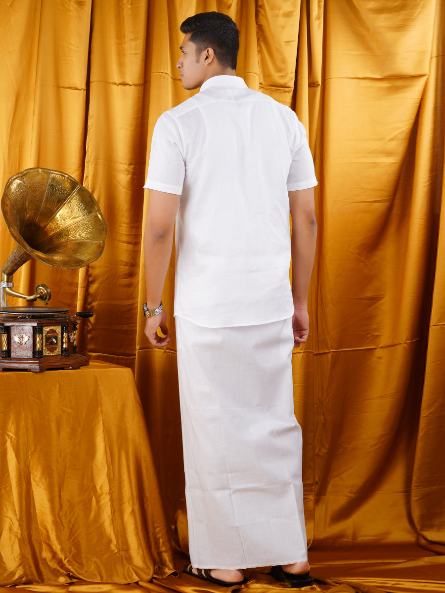 Mens Premium White Dhoti & Half Sleeve Shirt Right Man Set-Back view