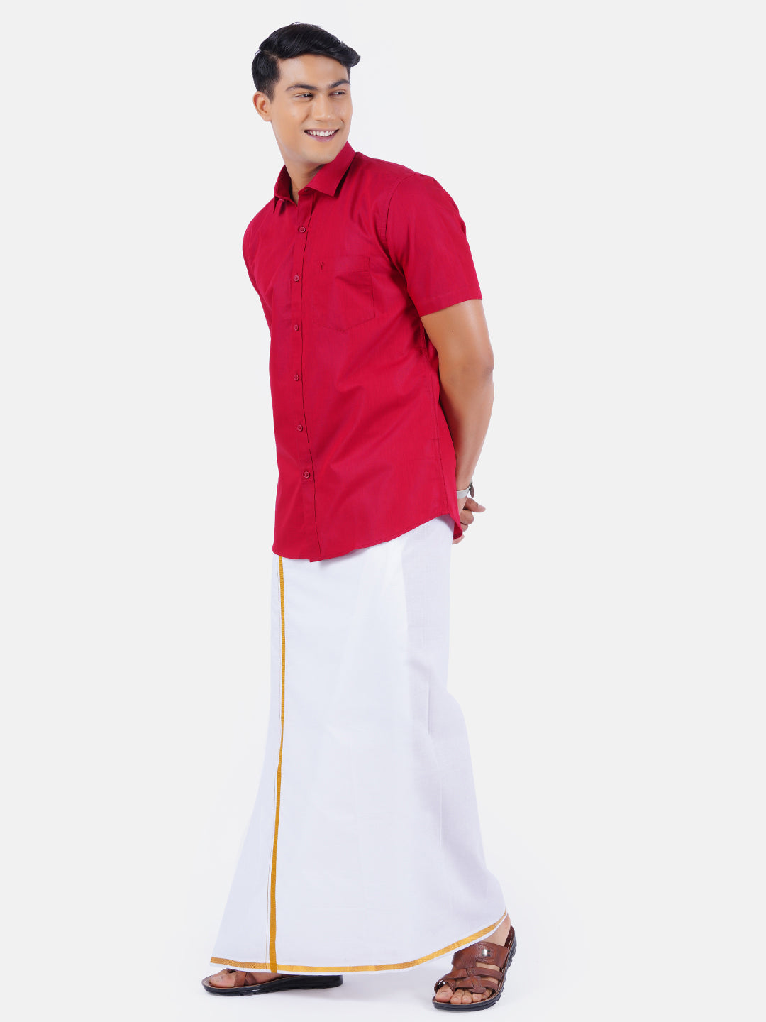 Mens Cotton Half Sleeves Shirt with 1/2'' Gold Jari Dhoti Combo-Side view