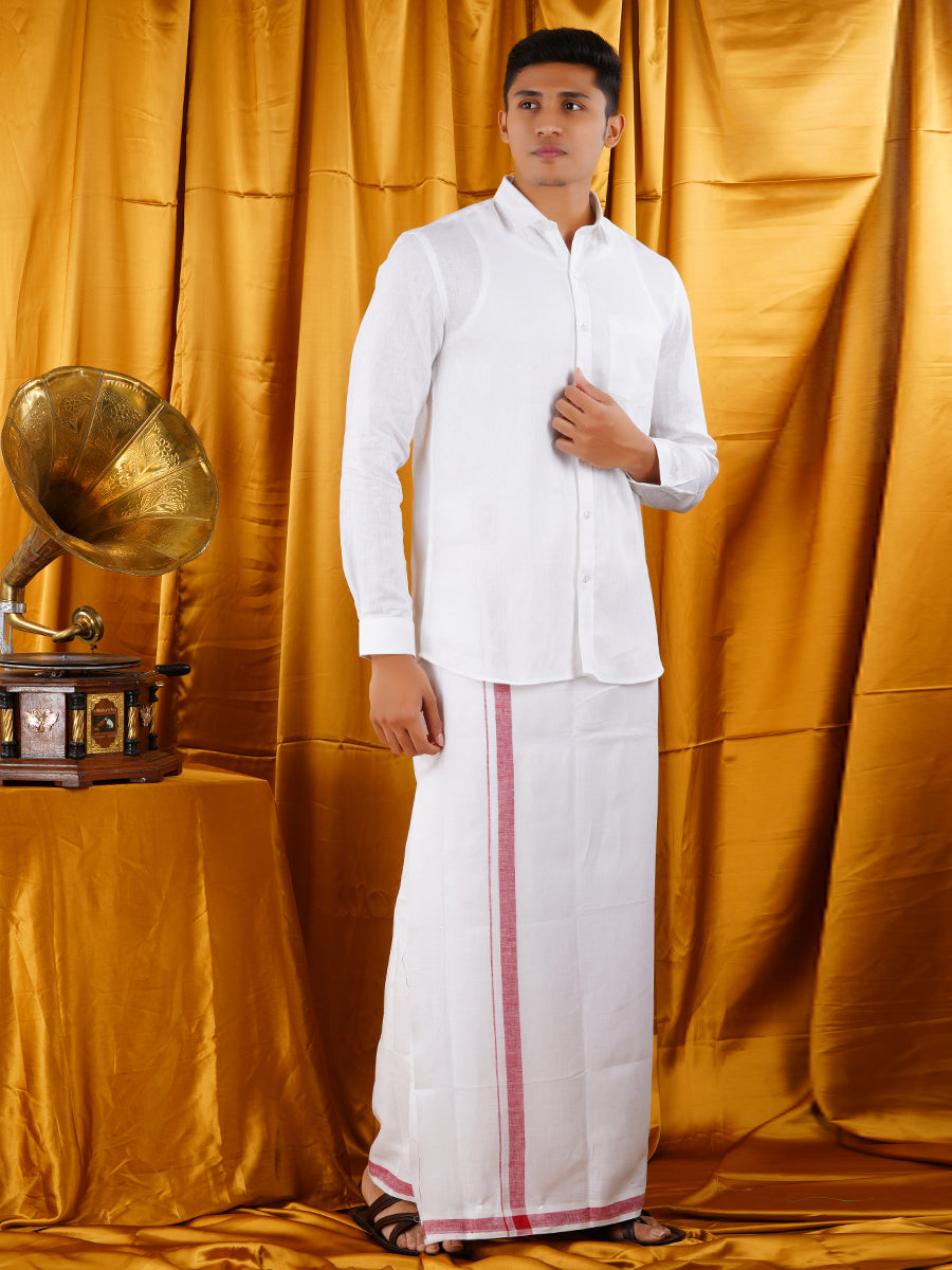 Mens Premium Pure Linen Shirt Full Sleeve with Double Dhoti White 770-Front view