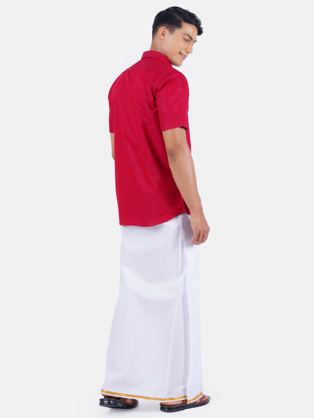 Mens Cotton Half Sleeves Shirt with 1/2'' Gold Jari Dhoti Combo-Backview