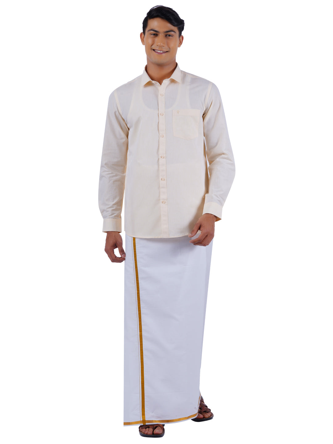 Mens Cotton Full Sleeves Shirt with 1/2'' Gold Jari Dhoti Combo