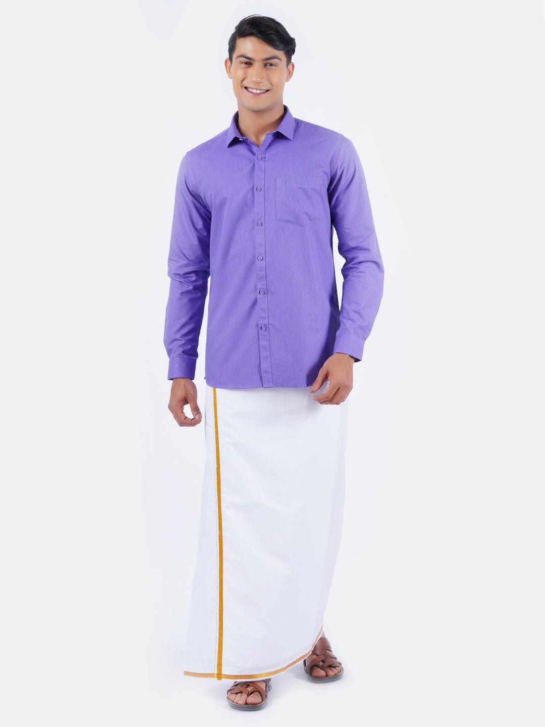 Mens Cotton Full Sleeves Shirt with 3/4'' Gold Jari Dhoti Combo